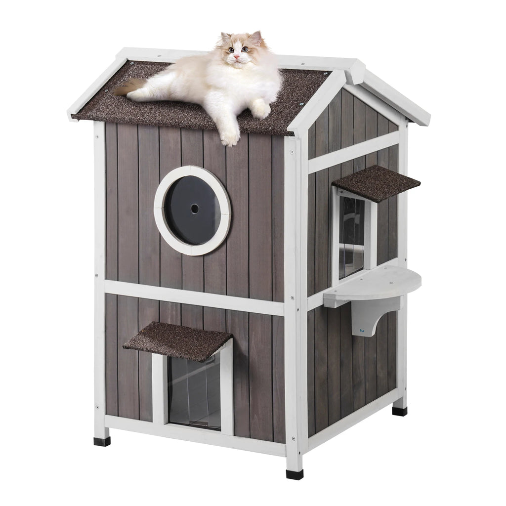 SucceBuy Outdoor Cat House Weatherproof Feral Cat Shelter for Multiple Cat Large Outdoor Wooden Cat House with Doors Window