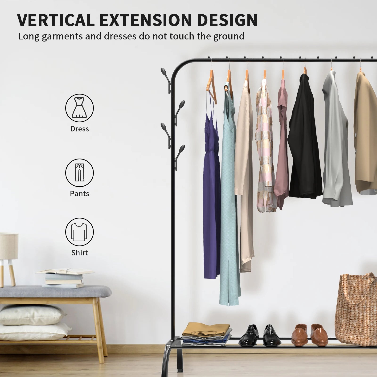 Metal Clothes Rail Heavy Duty Clothes Rack Single Hanging Portable Bedroom Freestanding Clothing Rack Storage Shelf With Hooks