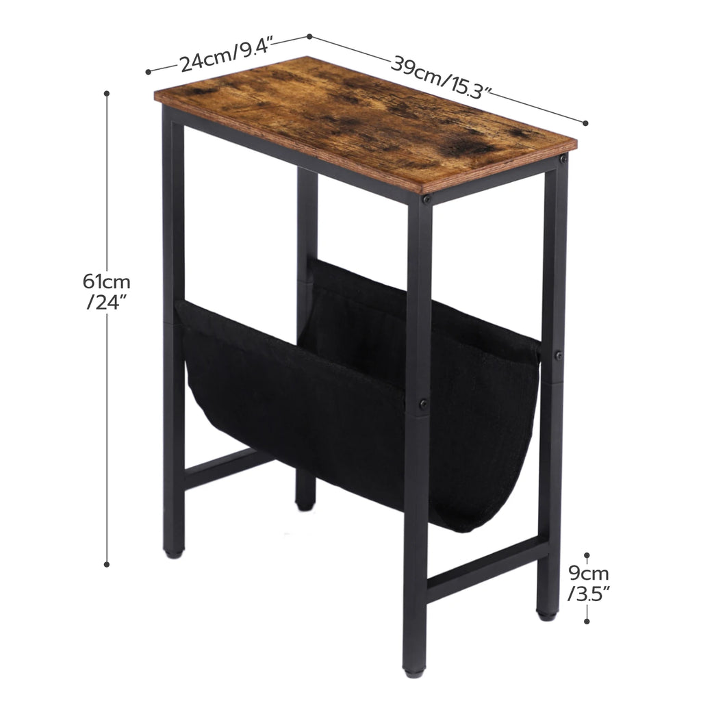 HOOBRO Side Table With Storage Narrow End Table With Magazine Holder Sling Bedside Nightstand Coffee Table For Small Space Brown