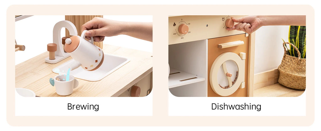 ROBOTIME Wooden Modern Style Play Kitchen with Realistic Accessories Plenty of Play Features for Gift for Girls&Boys Ages 3+
