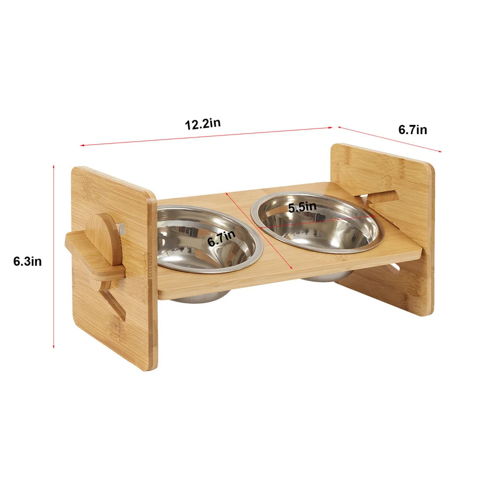 Elevated Dog Bowls with Stand Raised Dog Bowls 4 Heights Adjustable Dog Bowls Bamboo Dog Feeding Station 2 Stainless Steel Bowls