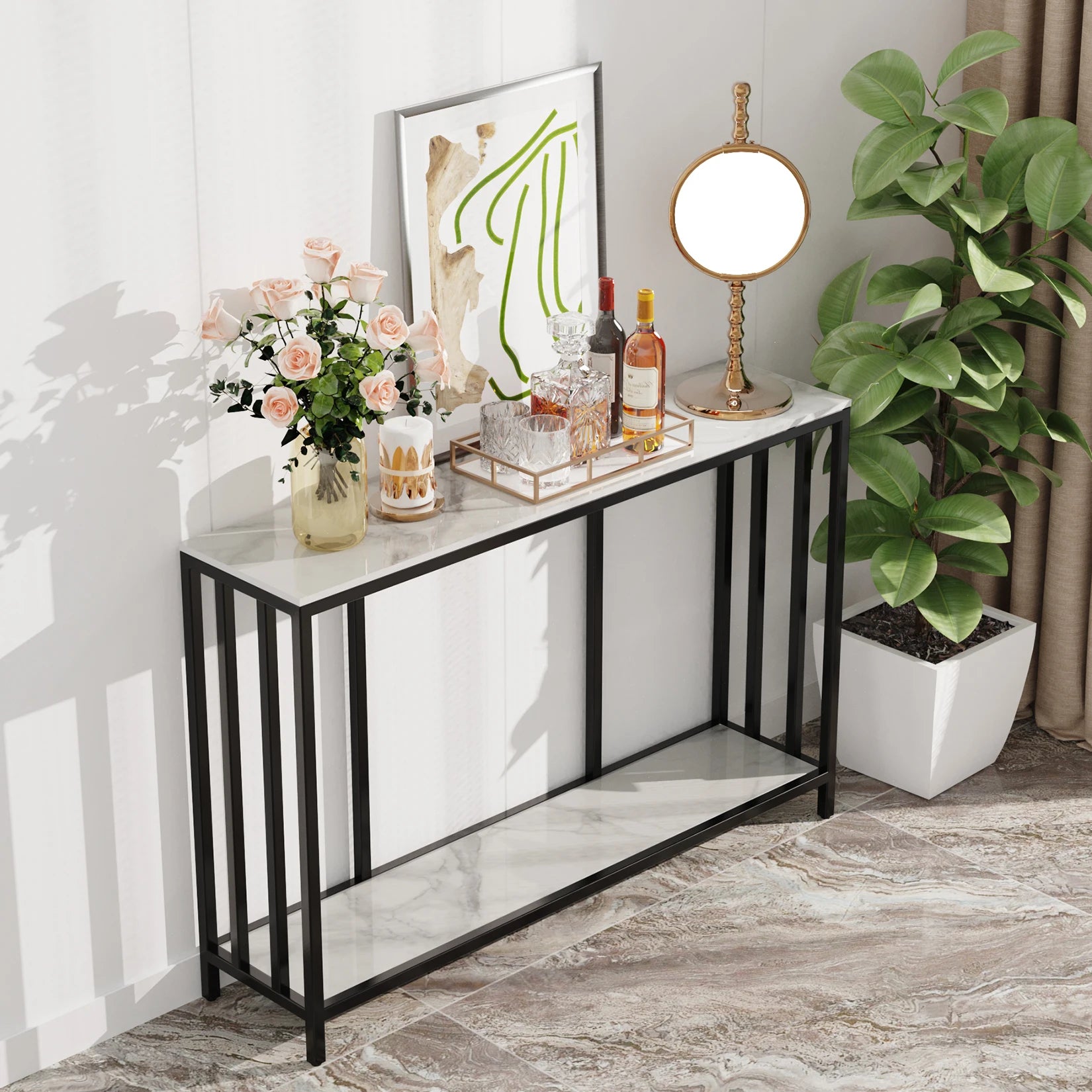 Modern Luxe Marble Console Table: Extra-Long 2-Tier Sofa/Entryway Accent Table