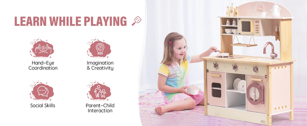 ROBOTIME Wooden Modern Style Play Kitchen with Realistic Accessories Plenty of Play Features for Gift for Girls&Boys Ages 3+