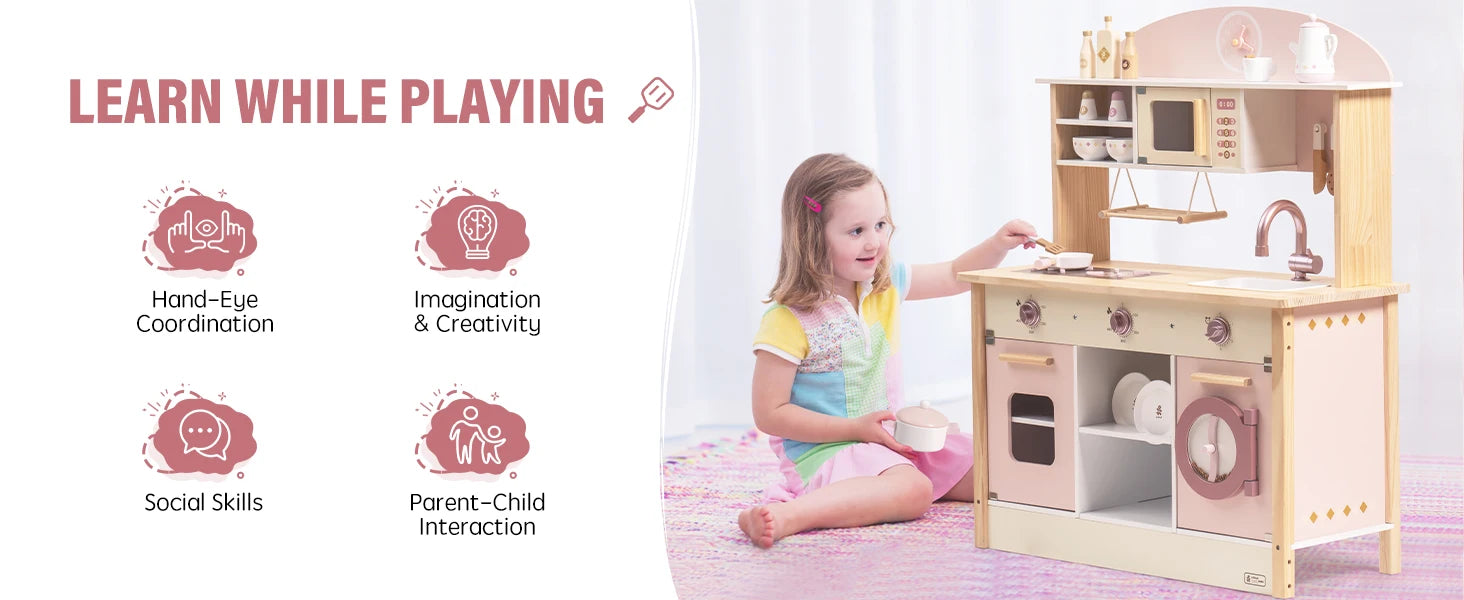 ROBOTIME Wooden Modern Style Play Kitchen with Realistic Accessories Plenty of Play Features for Gift for Girls&Boys Ages 3+