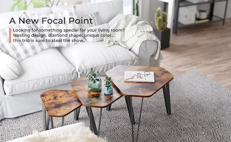 VASAGLE Nesting Coffee Table, Set of 3 End Tables for Living Room, Stacking Side Tables, Sturdy and Easy Assembly