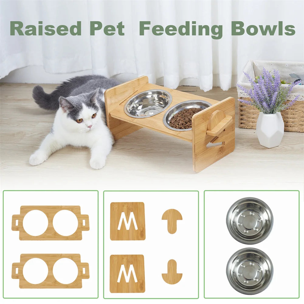 Elevated Dog Bowls with Stand Raised Dog Bowls 4 Heights Adjustable Dog Bowls Bamboo Dog Feeding Station 2 Stainless Steel Bowls