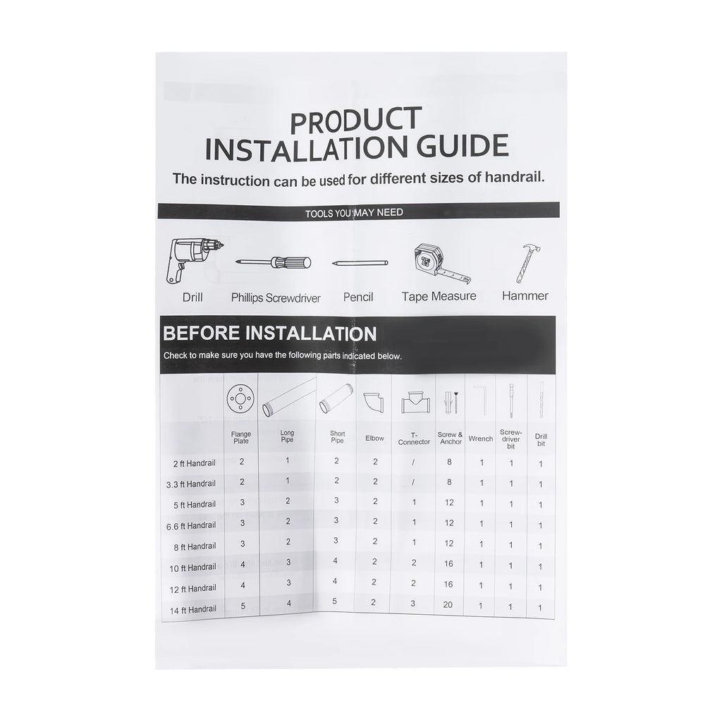 5ft/6.6ft Staircase Handrail Stepladder Stair Railing Wall-mounted Loft Pipe 2 Sections For Indoor And Outdoor