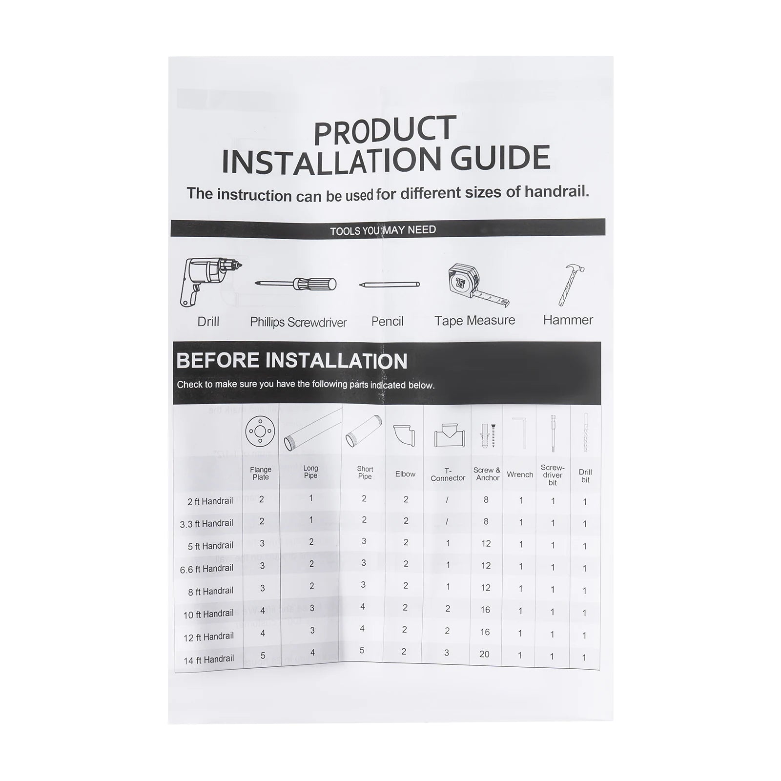 5ft/6.6ft Staircase Handrail Stepladder Stair Railing Wall-mounted Loft Pipe 2 Sections For Indoor And Outdoor