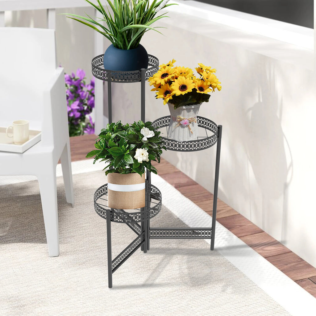 3/4 Tier Metal Plant Stand Indoor Black Tall Flower Pot Holder Display Rack Foldable for Patio Garden Living Room Corner Balcony