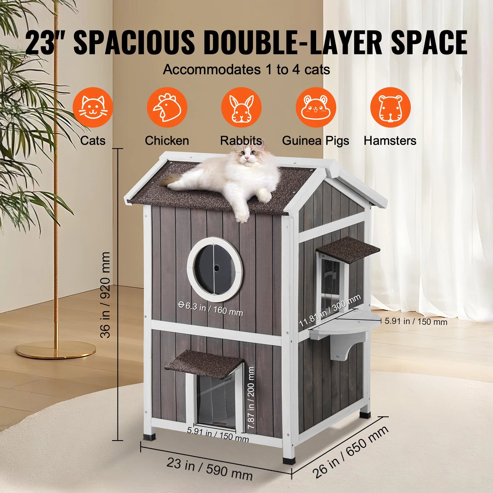 SucceBuy Outdoor Cat House Weatherproof Feral Cat Shelter for Multiple Cat Large Outdoor Wooden Cat House with Doors Window