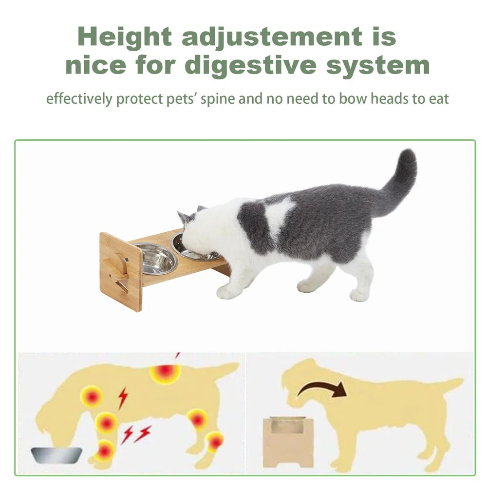 Elevated Dog Bowls with Stand Raised Dog Bowls 4 Heights Adjustable Dog Bowls Bamboo Dog Feeding Station 2 Stainless Steel Bowls