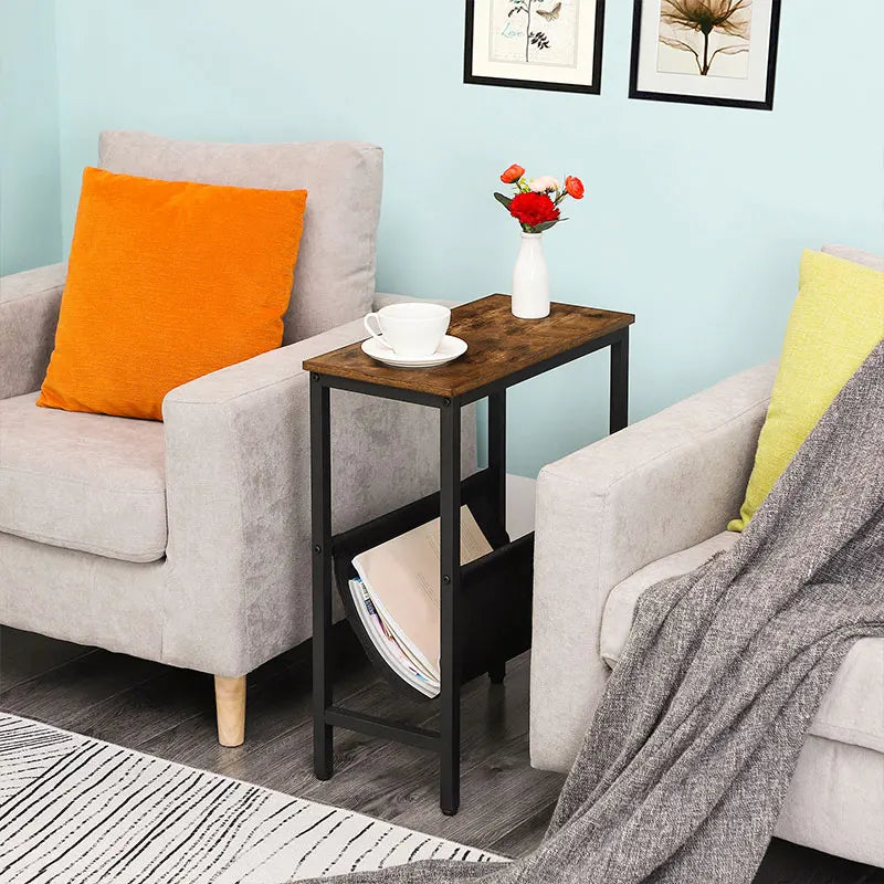 HOOBRO Side Table With Storage Narrow End Table With Magazine Holder Sling Bedside Nightstand Coffee Table For Small Space Brown