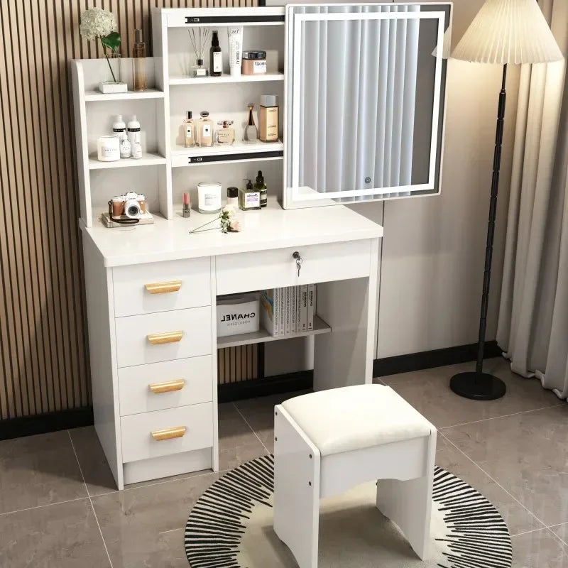 Dressing Table Vanity with Lighted Mirror Makeup Stool Desk with Mirror Storage Power Outlet and Drawers Color Lighting Modes