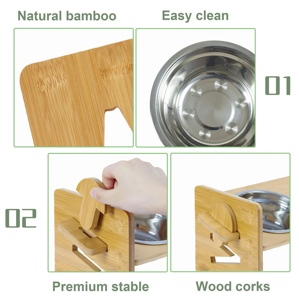 Elevated Dog Bowls with Stand Raised Dog Bowls 4 Heights Adjustable Dog Bowls Bamboo Dog Feeding Station 2 Stainless Steel Bowls