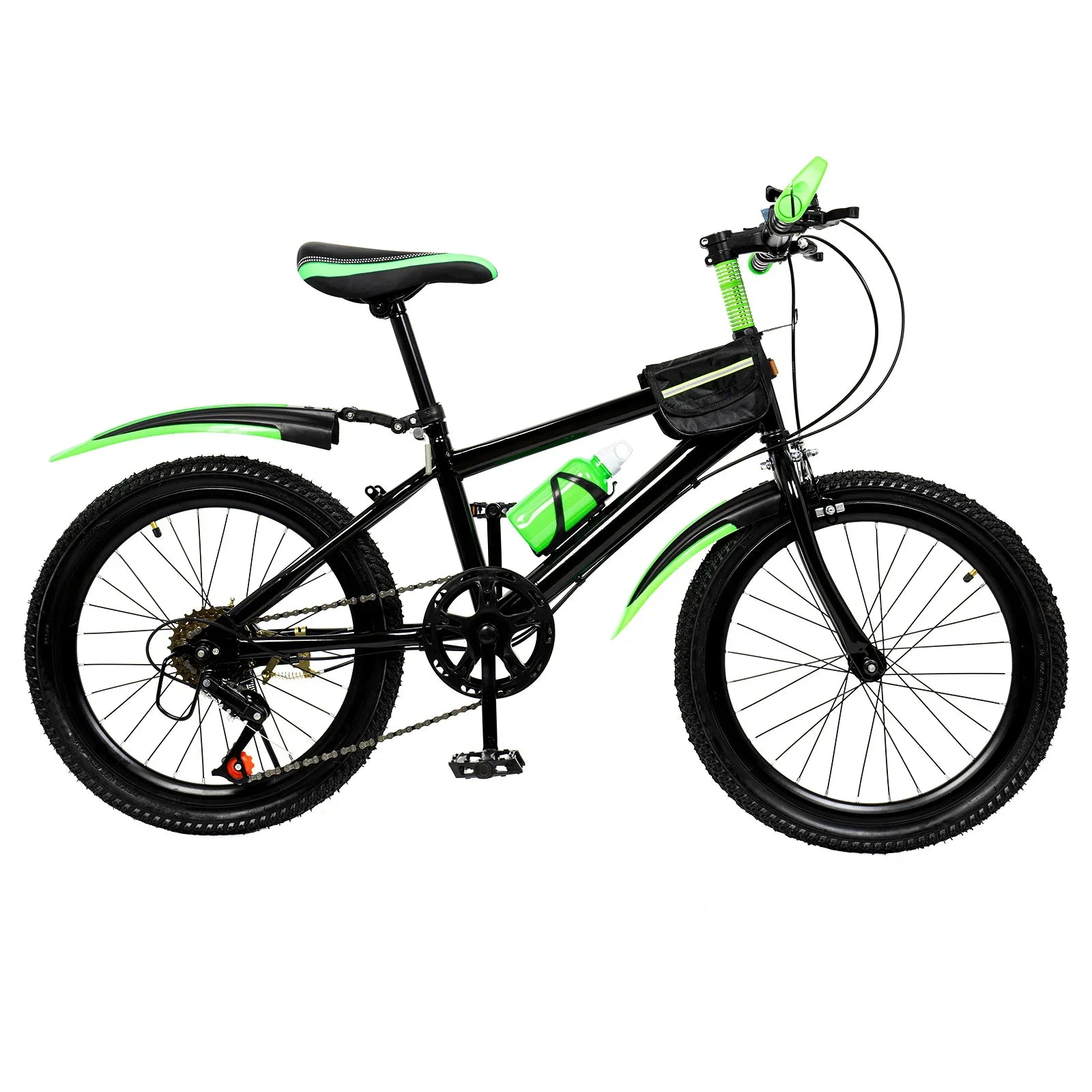 Green 20 Inch 7 Speeds Mountain Bike Adjustable Children's Bicycle with Storage Bag and Compass Bell Braking System Bike