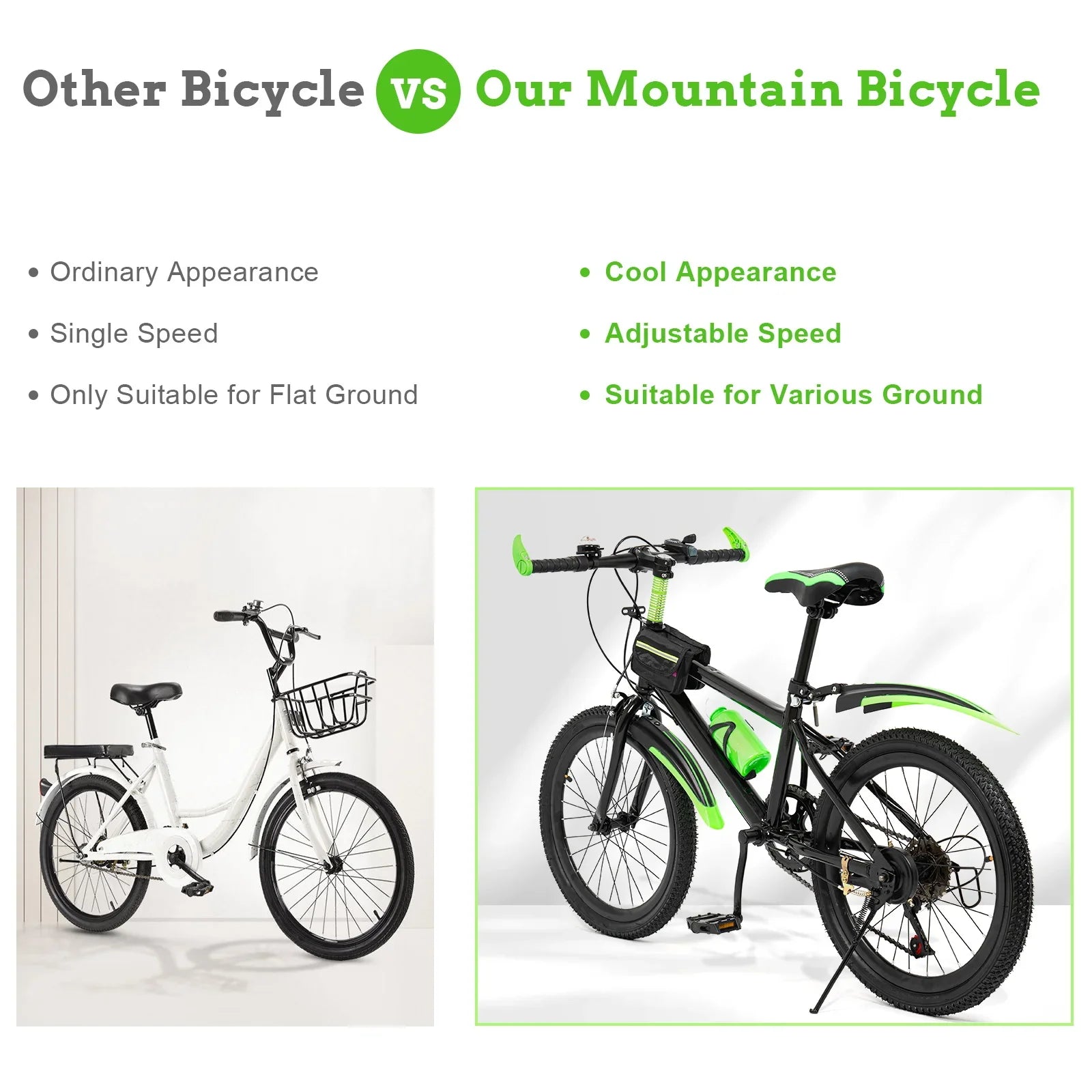 Green 20 Inch 7 Speeds Mountain Bike Adjustable Children's Bicycle with Storage Bag and Compass Bell Braking System Bike