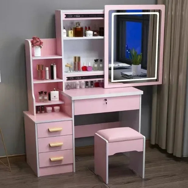 Dressing Table Vanity with Lighted Mirror Makeup Stool Desk with Mirror Storage Power Outlet and Drawers Color Lighting Modes