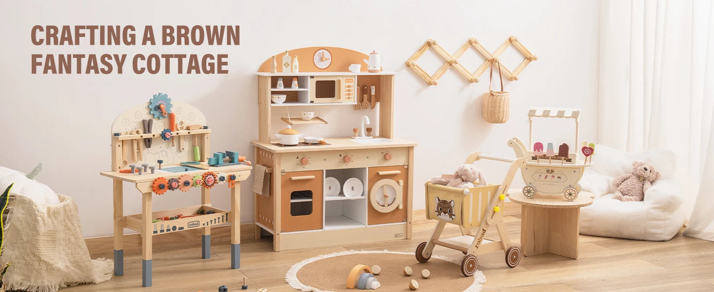 ROBOTIME Wooden Modern Style Play Kitchen with Realistic Accessories Plenty of Play Features for Gift for Girls&Boys Ages 3+