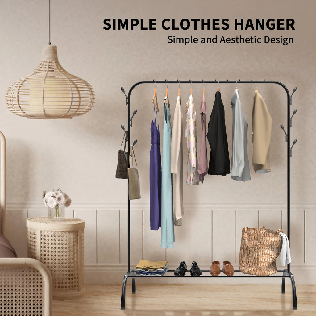 Metal Clothes Rail Heavy Duty Clothes Rack Single Hanging Portable Bedroom Freestanding Clothing Rack Storage Shelf With Hooks