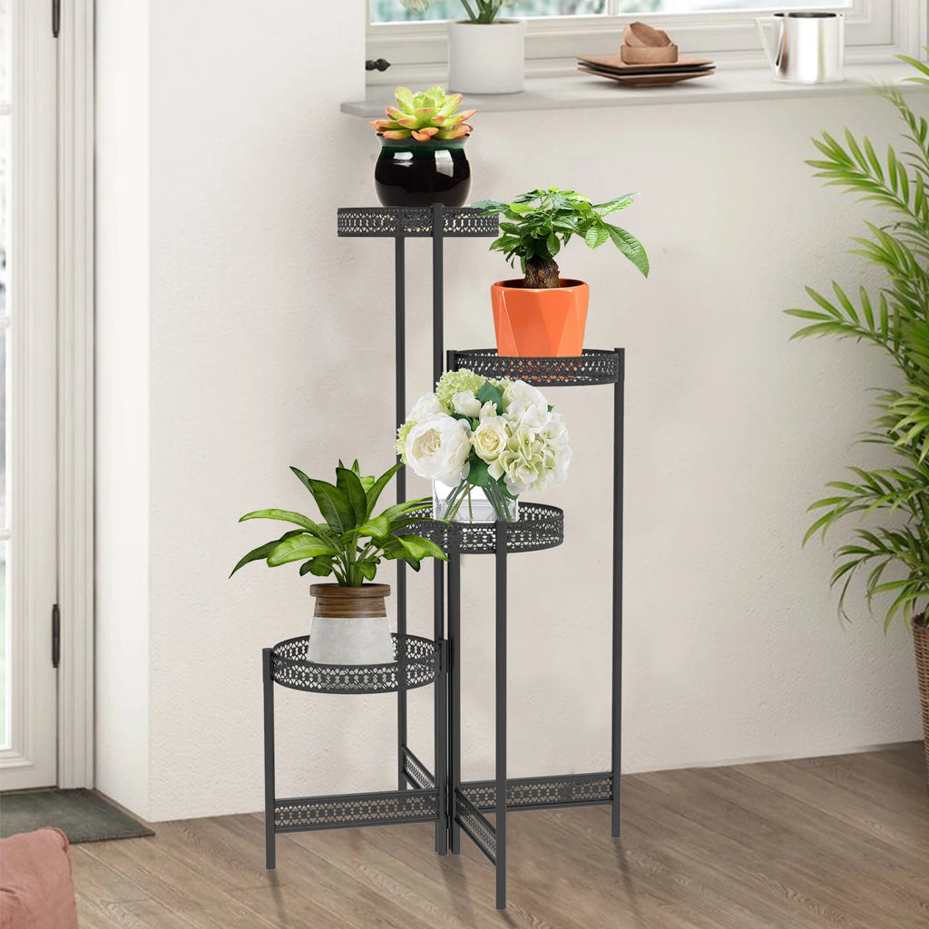 3/4 Tier Metal Plant Stand Indoor Black Tall Flower Pot Holder Display Rack Foldable for Patio Garden Living Room Corner Balcony