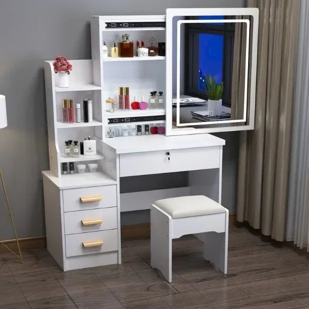 Dressing Table Vanity with Lighted Mirror Makeup Stool Desk with Mirror Storage Power Outlet and Drawers Color Lighting Modes