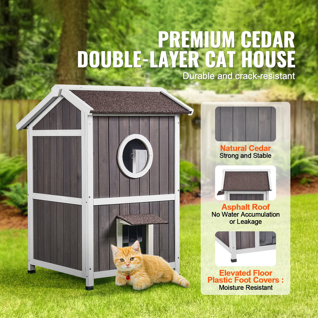 SucceBuy Outdoor Cat House Weatherproof Feral Cat Shelter for Multiple Cat Large Outdoor Wooden Cat House with Doors Window
