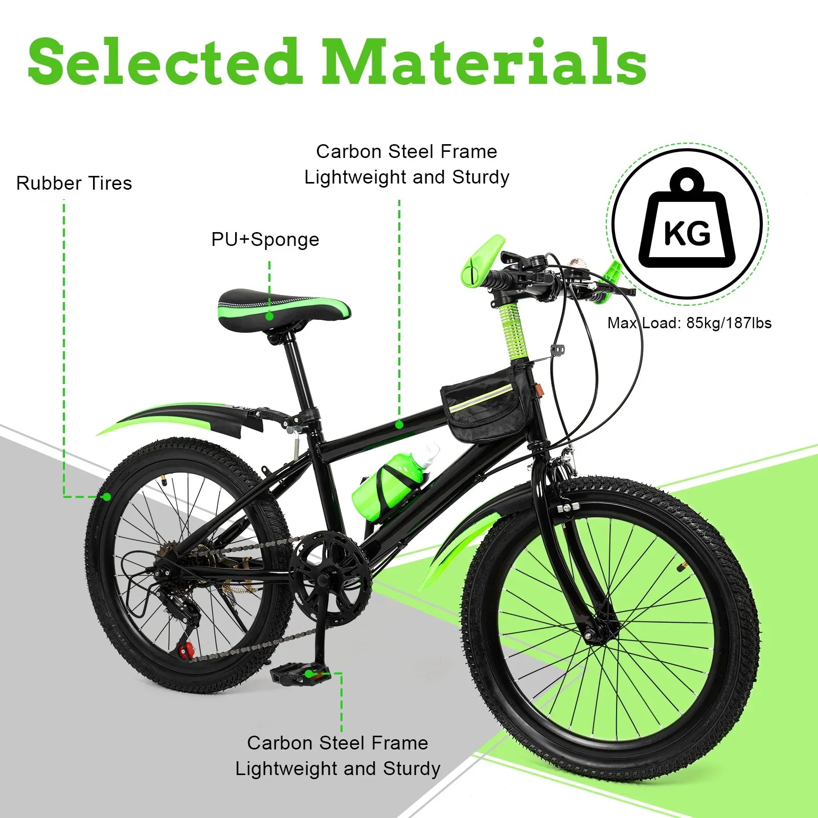 Green 20 Inch 7 Speeds Mountain Bike Adjustable Children's Bicycle with Storage Bag and Compass Bell Braking System Bike
