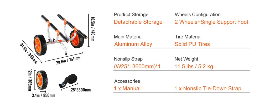 SucceBuy Kayak Cart 450lbs Detachable Canoe Trolley Cart with 12'' Tires Adjustable Width for Paddleboards Float Mats Jon Boats