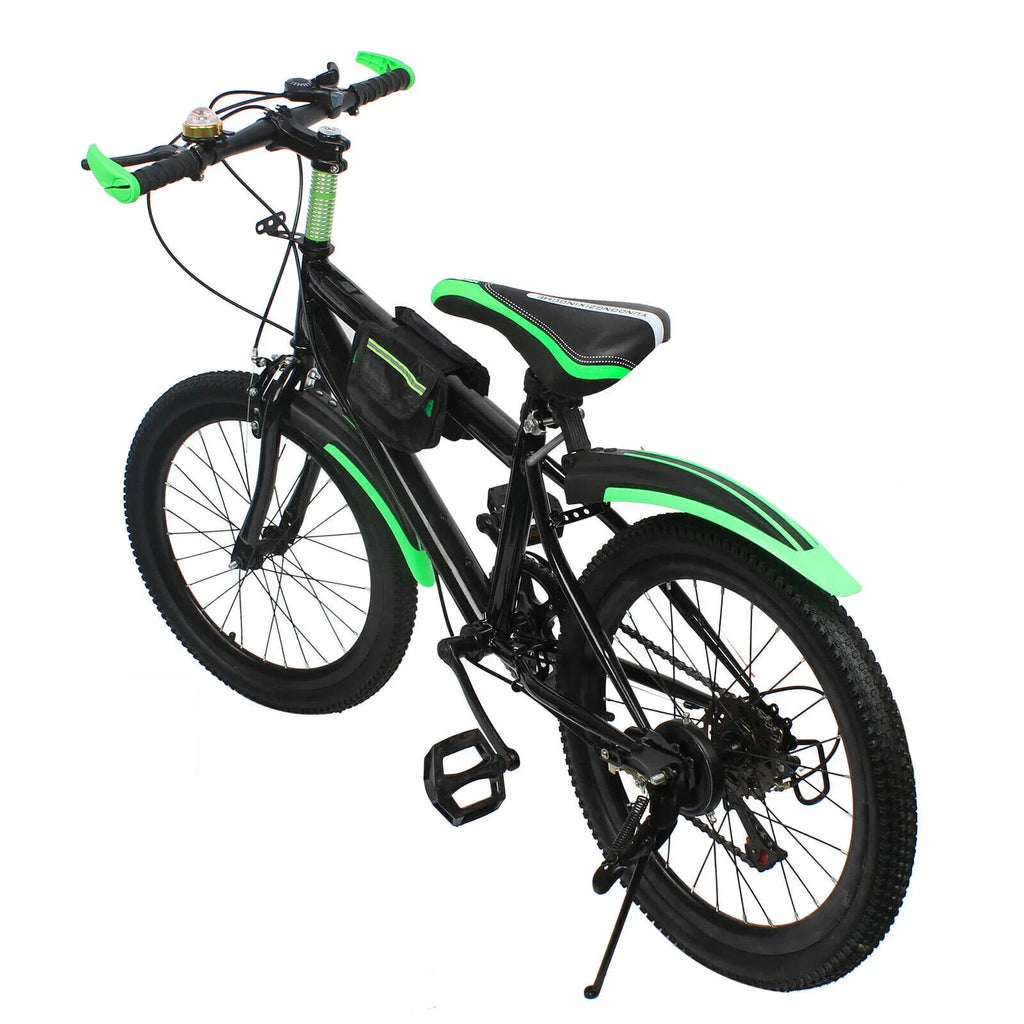 Green 20 Inch 7 Speeds Mountain Bike Adjustable Children's Bicycle with Storage Bag and Compass Bell Braking System Bike