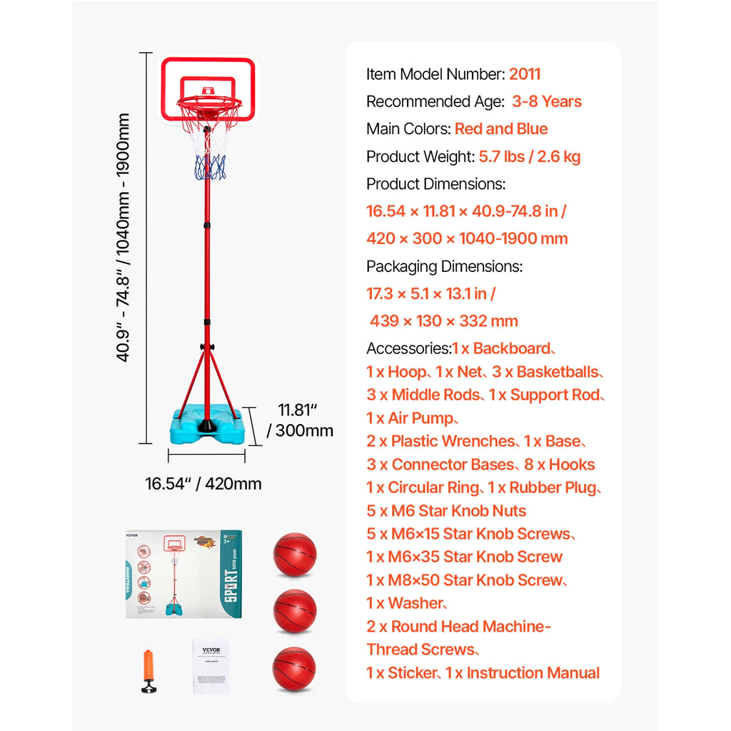 SucceBuy Toddler Adjustable Basketball Hoop 104-190CM Rack for Kids Outdoor Indoor Ball Sport Backboard Rim Shoot Children Toys