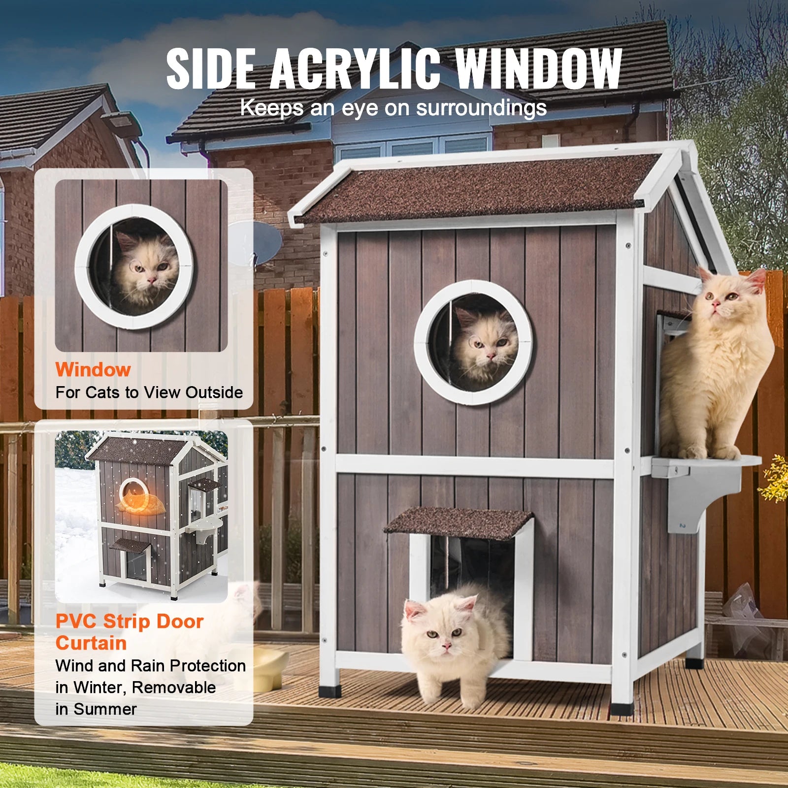SucceBuy Outdoor Cat House Weatherproof Feral Cat Shelter for Multiple Cat Large Outdoor Wooden Cat House with Doors Window