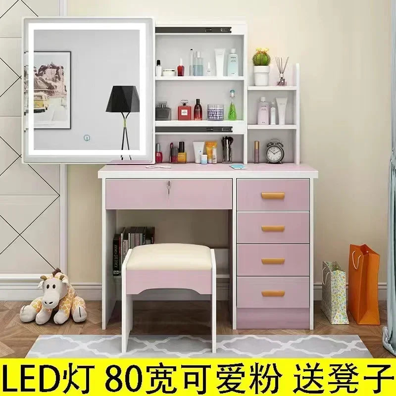 Dressing Table Vanity with Lighted Mirror Makeup Stool Desk with Mirror Storage Power Outlet and Drawers Color Lighting Modes