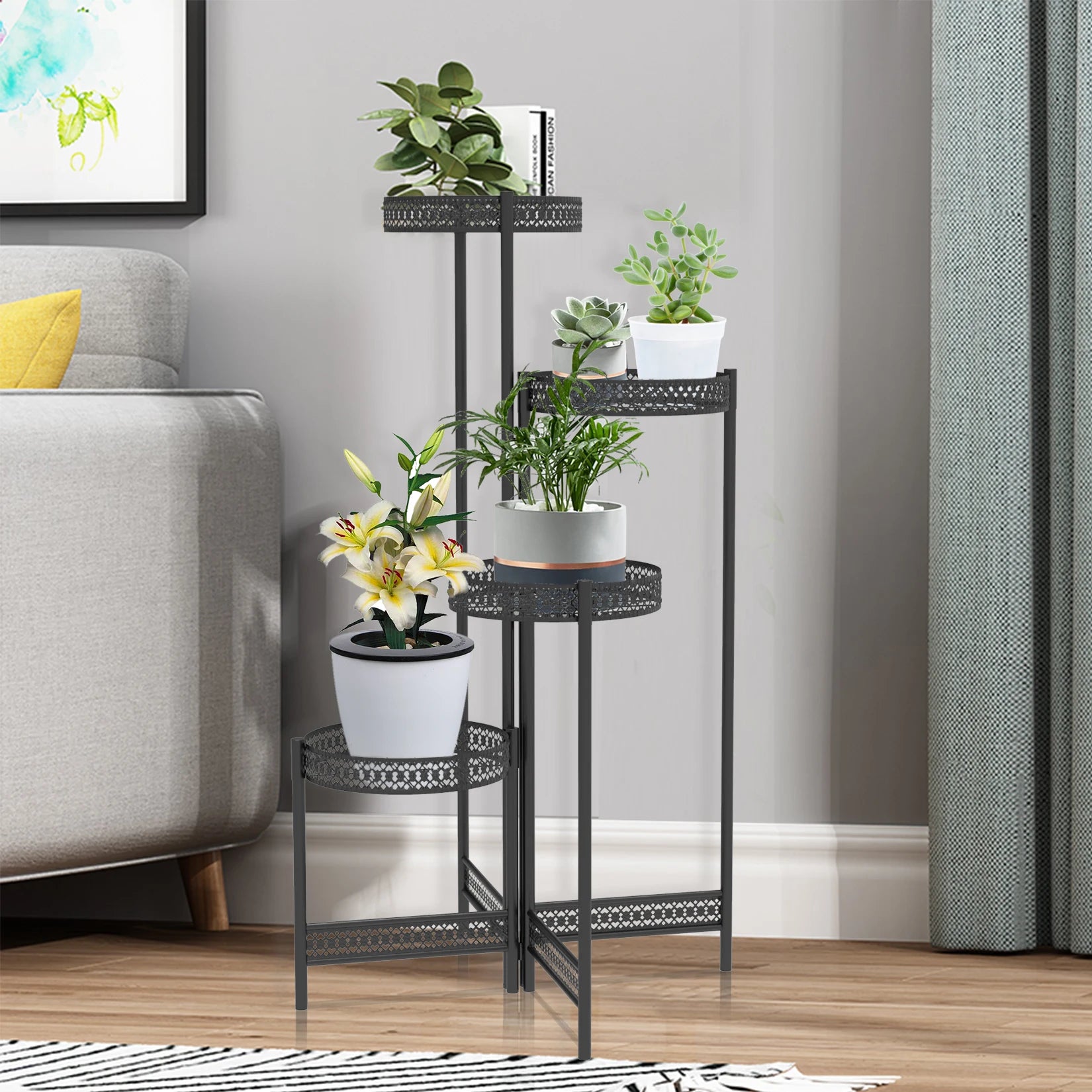 3/4 Tier Metal Plant Stand Indoor Black Tall Flower Pot Holder Display Rack Foldable for Patio Garden Living Room Corner Balcony