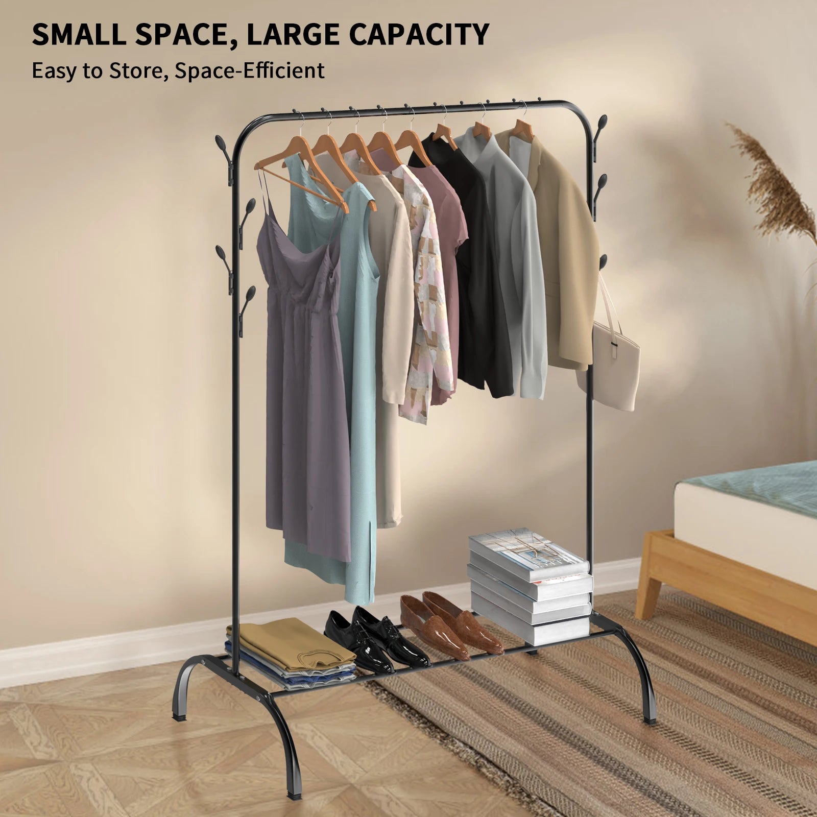 Metal Clothes Rail Heavy Duty Clothes Rack Single Hanging Portable Bedroom Freestanding Clothing Rack Storage Shelf With Hooks