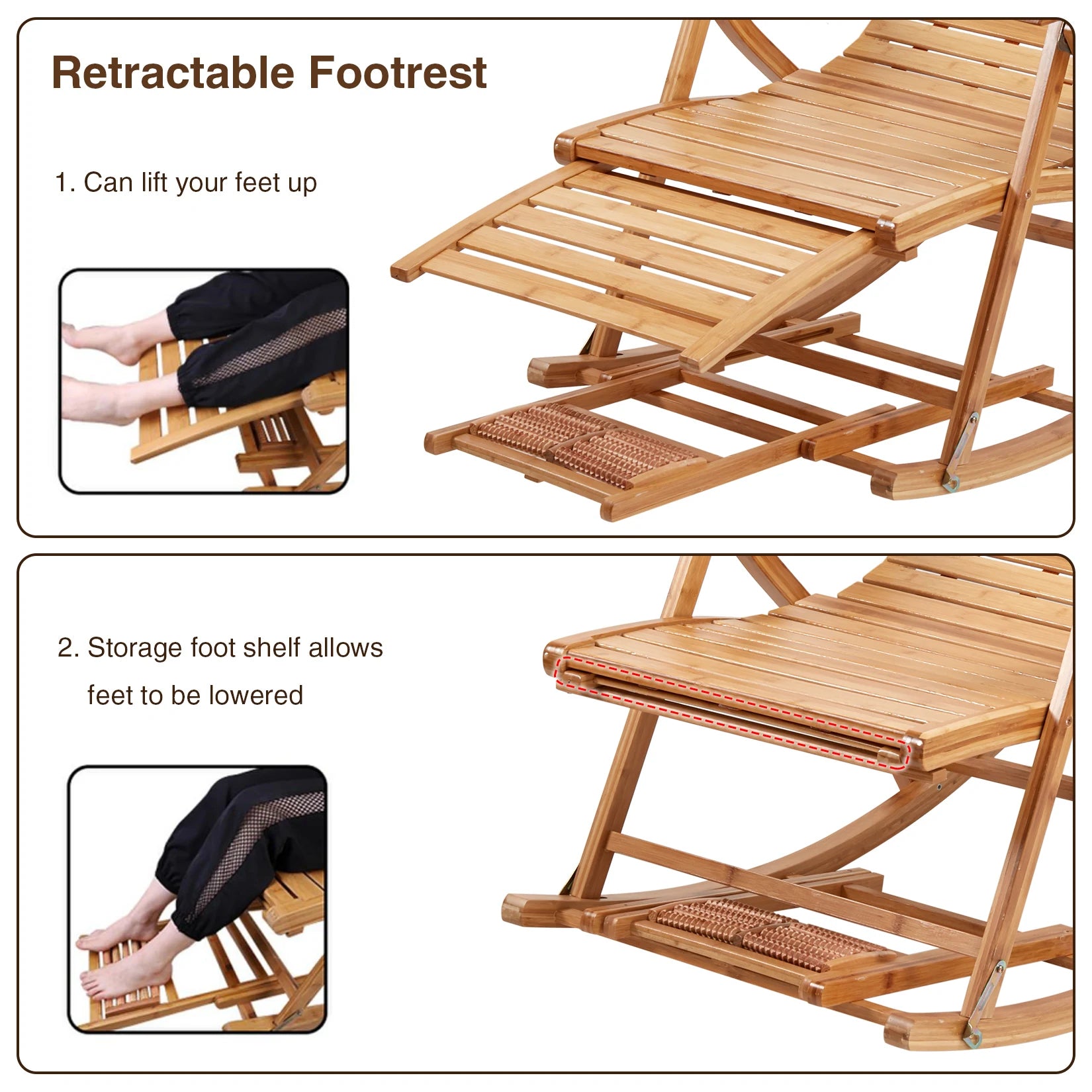 Folding Bamboo Rocking Chair Bamboo for Living Room, Bedroom, Backyard,Indoor Outdoor Furniture Adjustable Sun Lounger Chairs