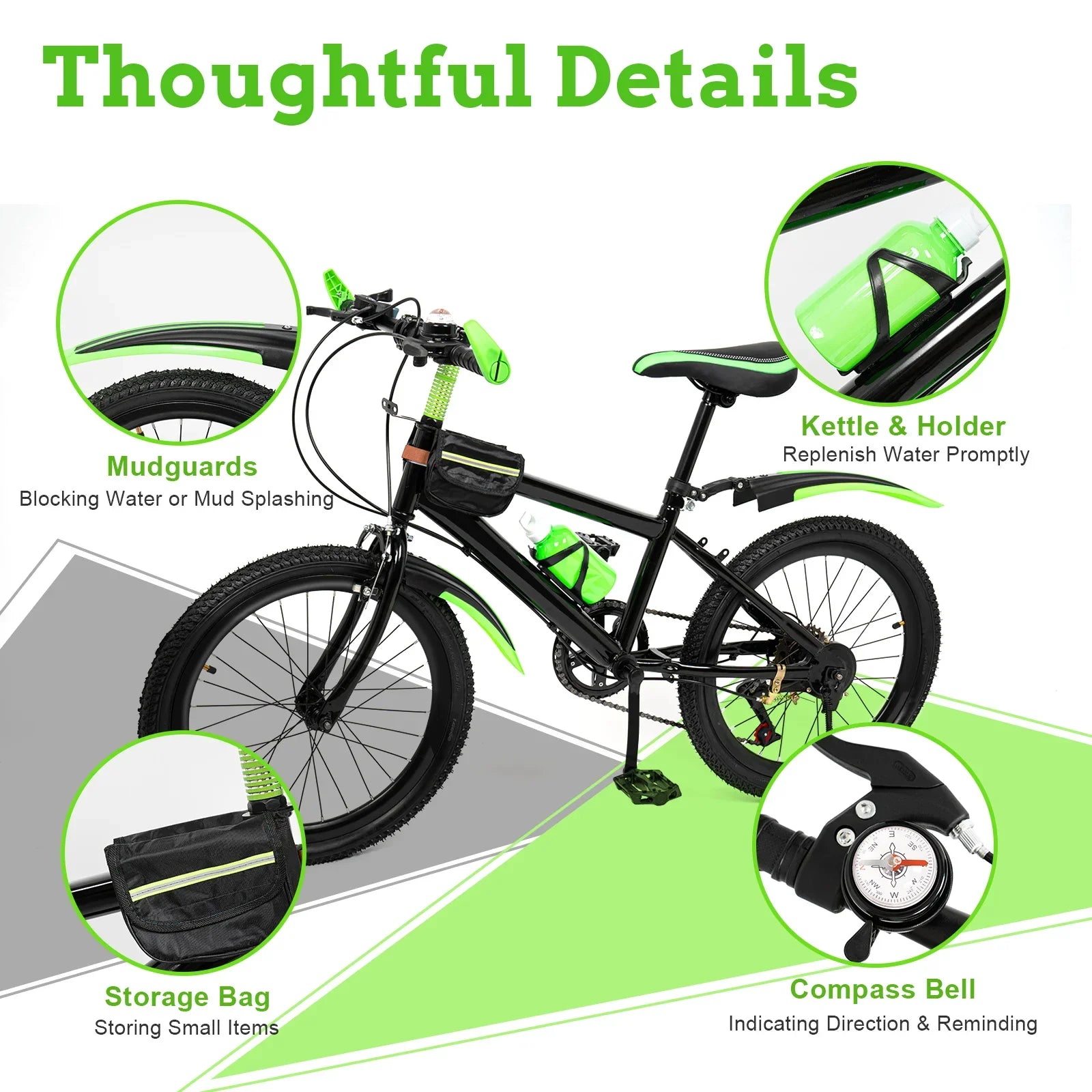 Green 20 Inch 7 Speeds Mountain Bike Adjustable Children's Bicycle with Storage Bag and Compass Bell Braking System Bike