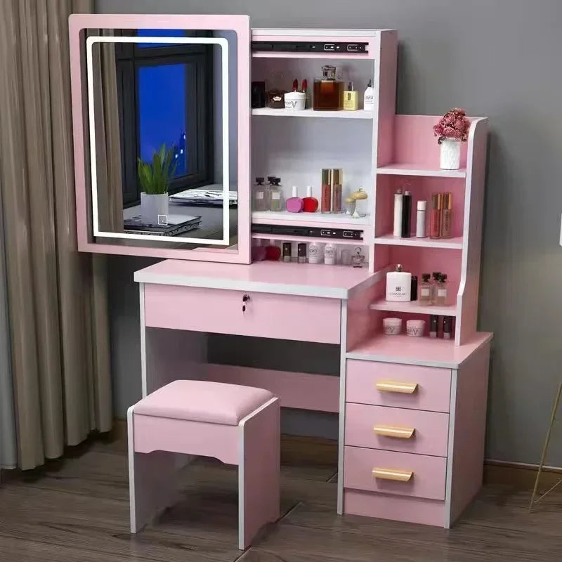 Dressing Table Vanity with Lighted Mirror Makeup Stool Desk with Mirror Storage Power Outlet and Drawers Color Lighting Modes