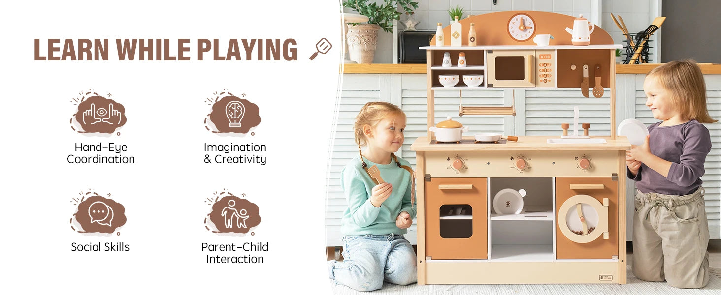 ROBOTIME Wooden Modern Style Play Kitchen with Realistic Accessories Plenty of Play Features for Gift for Girls&Boys Ages 3+