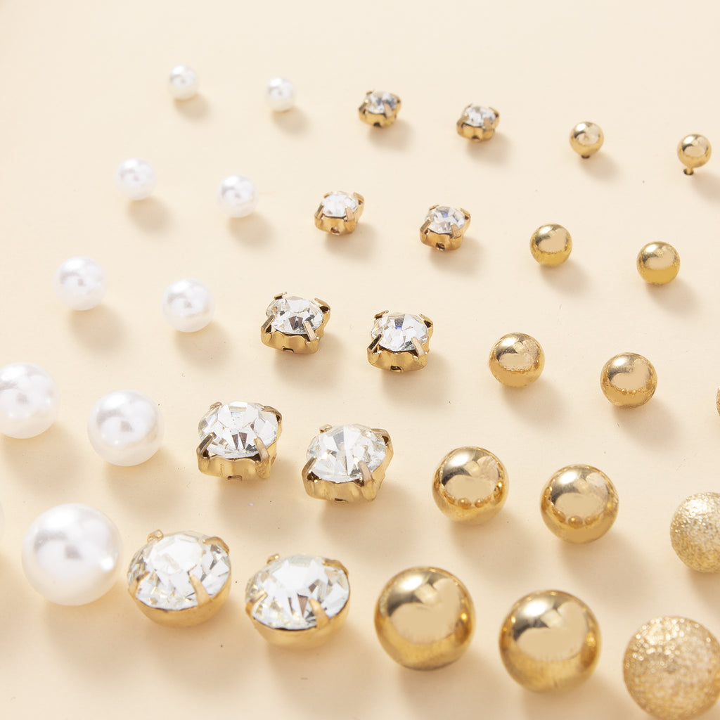 Everyday Glam: 20-Pair Stud & Stone Collection (Pearl & Rhinestone)