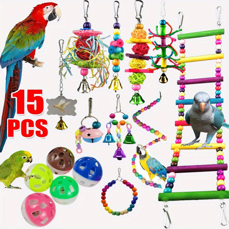 15 Pcs Parrot Toy Bundle: Natural Chew, Swing, & Shredding Toys for Parakeet, Budgie, and Cockatiel