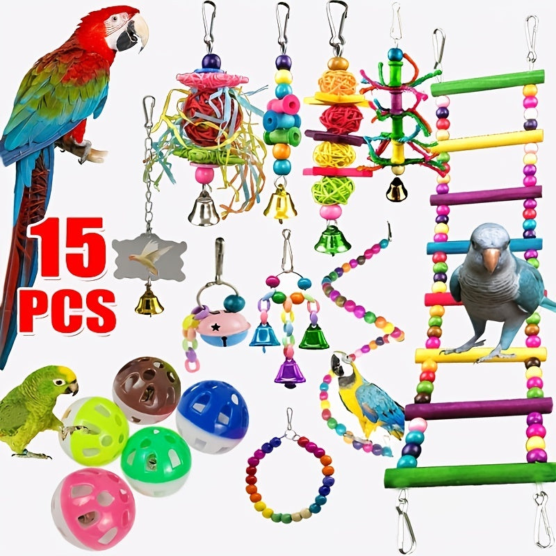15 Pcs Parrot Toy Bundle: Natural Chew, Swing, & Shredding Toys for Parakeet, Budgie, and Cockatiel