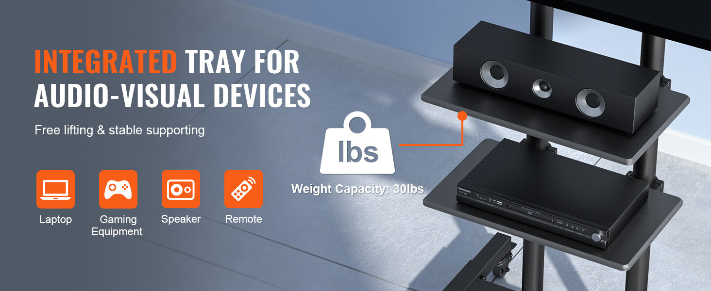 SucceBuy Mobile TV Stand Height Adjustable TV Stand w/ Wheels Double Tray for Audio-Visual Devices Rolling TV Stand for Bedroom