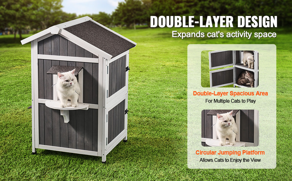 SucceBuy Outdoor Cat House Weatherproof Feral Cat Shelter for Multiple Cat Large Outdoor Wooden Cat House with Doors Window