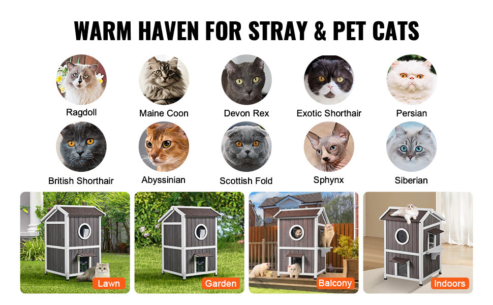 SucceBuy Outdoor Cat House Weatherproof Feral Cat Shelter for Multiple Cat Large Outdoor Wooden Cat House with Doors Window